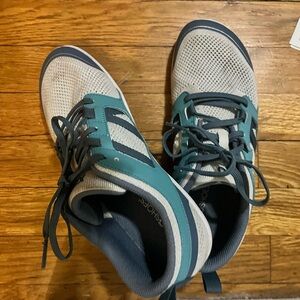Blue and Gray Athletic Shoes with Teal Accents